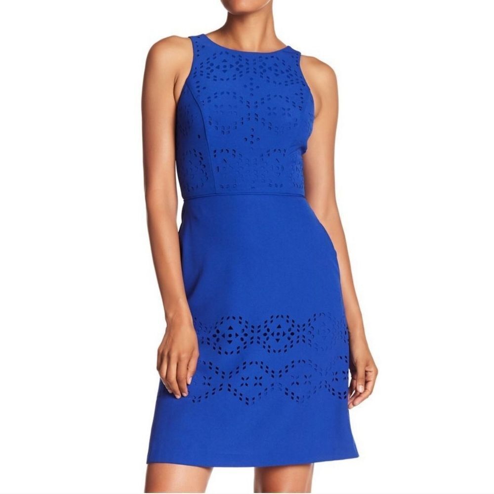 TAHARI Blue laser cut eyelet sleeveless dress Size 14